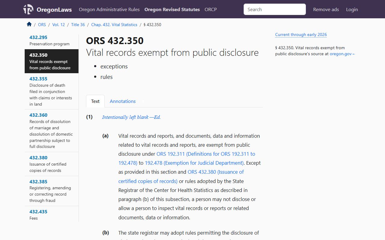 Oregon Revised Statutes ORS 432.350 vital records disclosure law